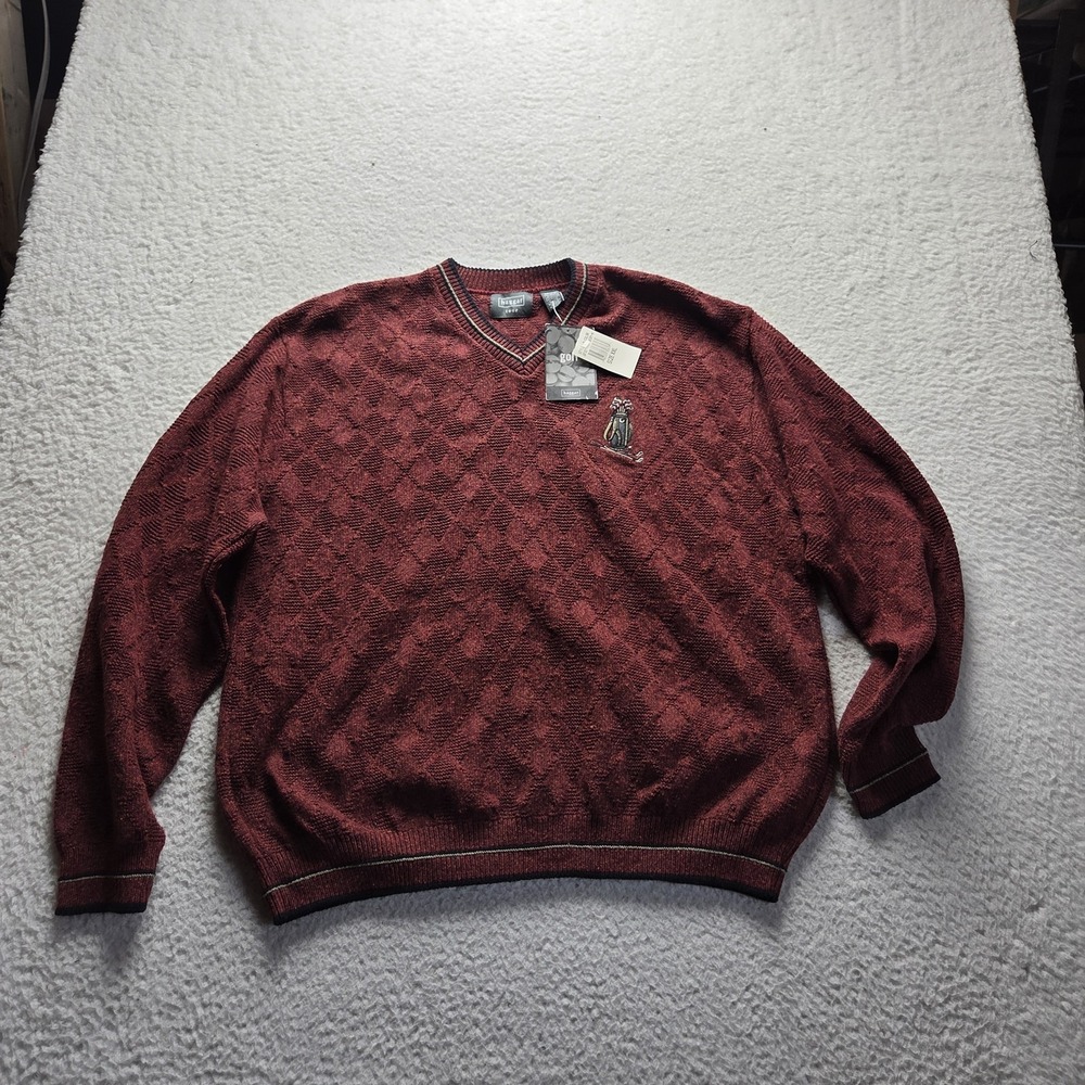 Haggar Sweater Mens 2XL Red Argyle V Neck Golf Bag Knit New Tags Pullover Winter